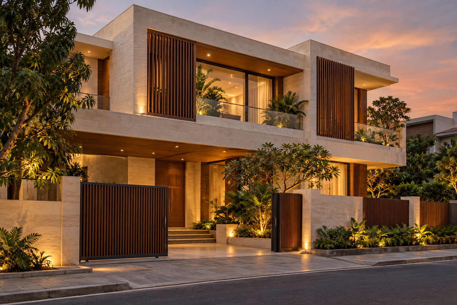 Contemporary house with warm timber screens, natural stone and landscaped surroundings